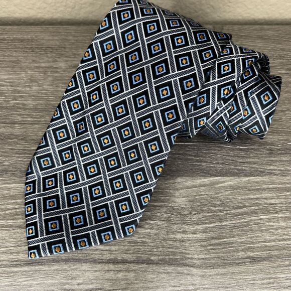 Henry Jacobson 100% Silk Hand Made Tie Men's Geometric Blue Square 4" x 61" - Picture 1 of 7